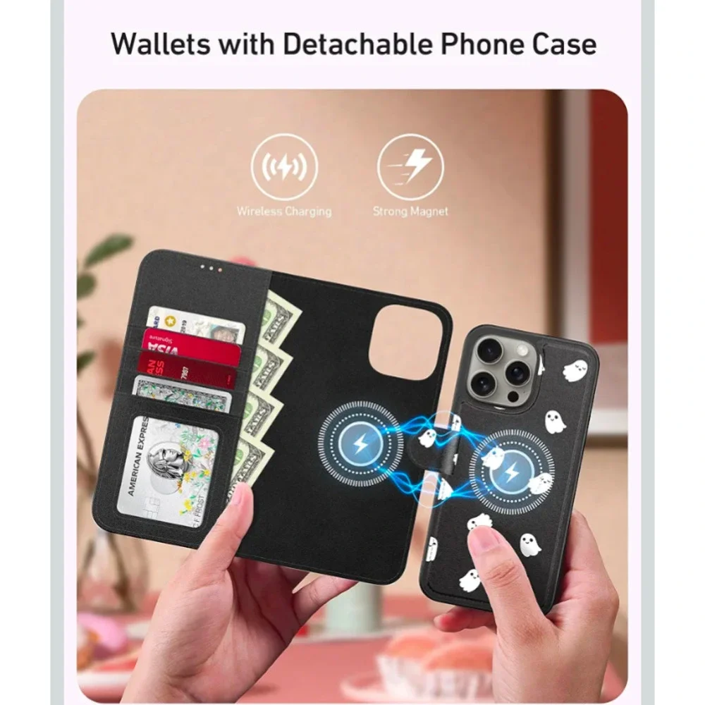 RFID iPhone 14 Pro Max Case Wallet Black w/ Ghosts